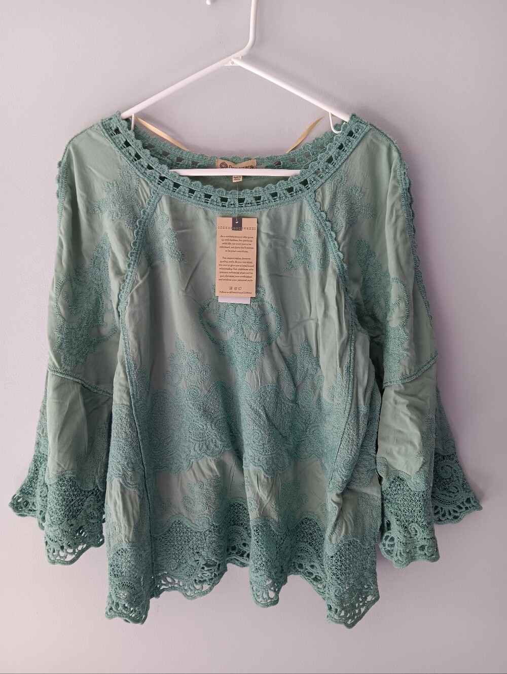 Democracy Boho Lace Embroidered Blouse Long Bell Sleeves Aqua Blue Small - Picture 10 of 14